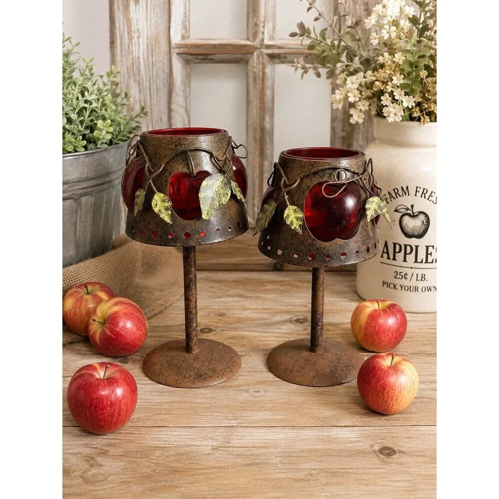 Set of 2 Apple Red Glass Fairy Lamp Style Tealight Candle Holders Rustic Decor